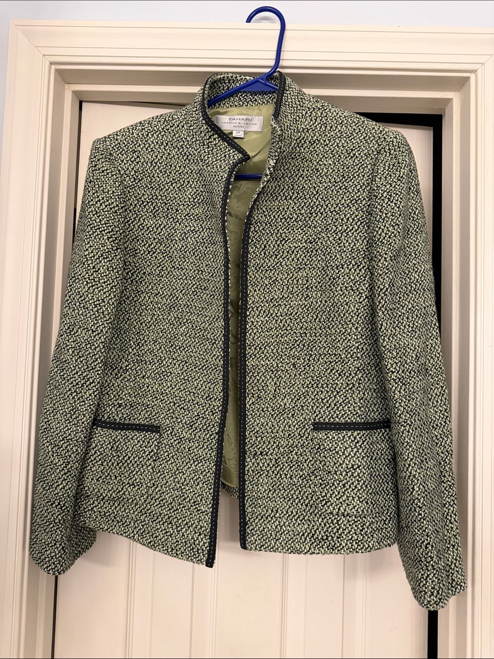 Tahari ASL Green Blend Collarless Tweed Blazer with Contrast Trim